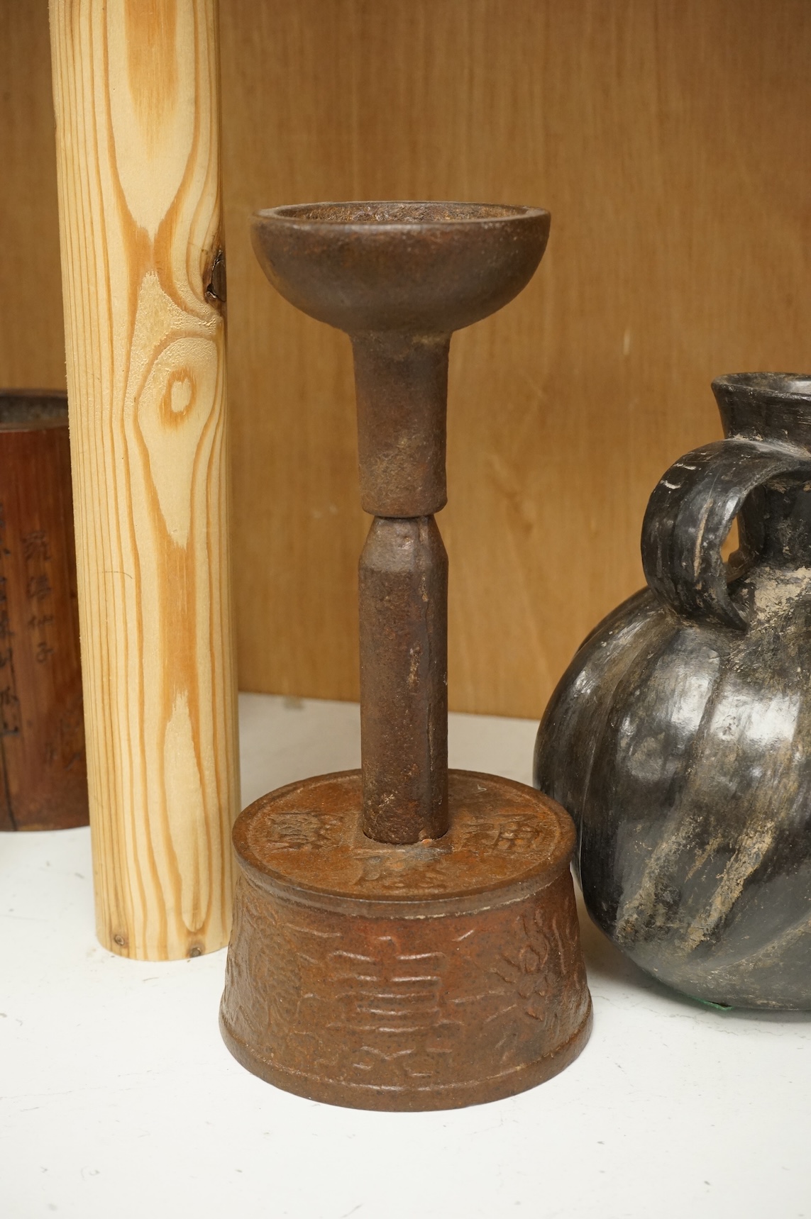 Oriental items to include a crackleglaze bowl on stand and a bamboo brush pot, together with two other vessels, largest 27cm in diameter